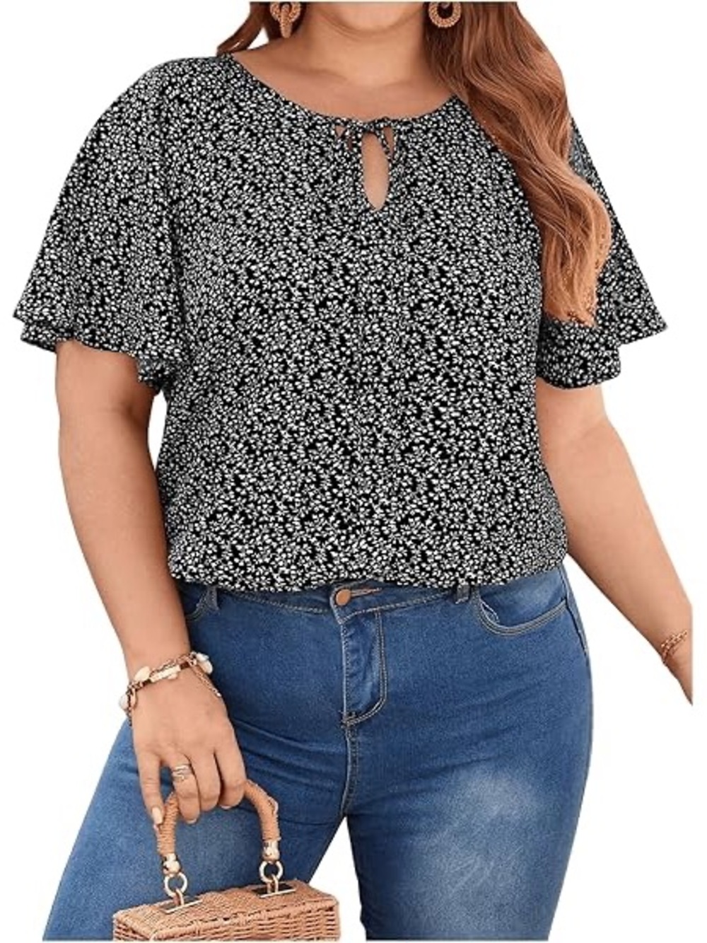 Jones New York Black and White Floral Keyhole Tie Blouse